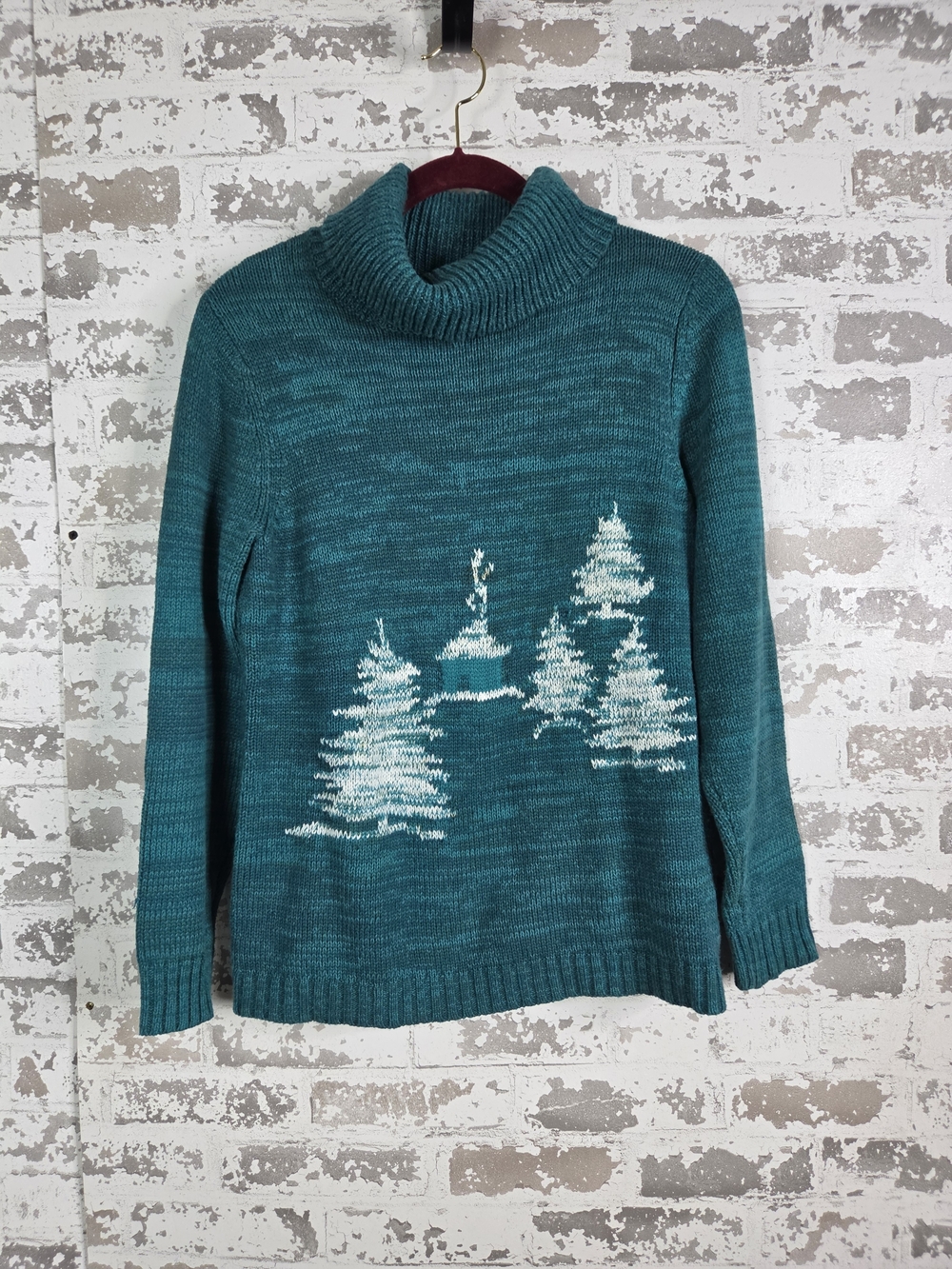 Coldwater Creek Snowy Tree Cabin Christmas Sweater Teal Knit Turtleneck Pullover